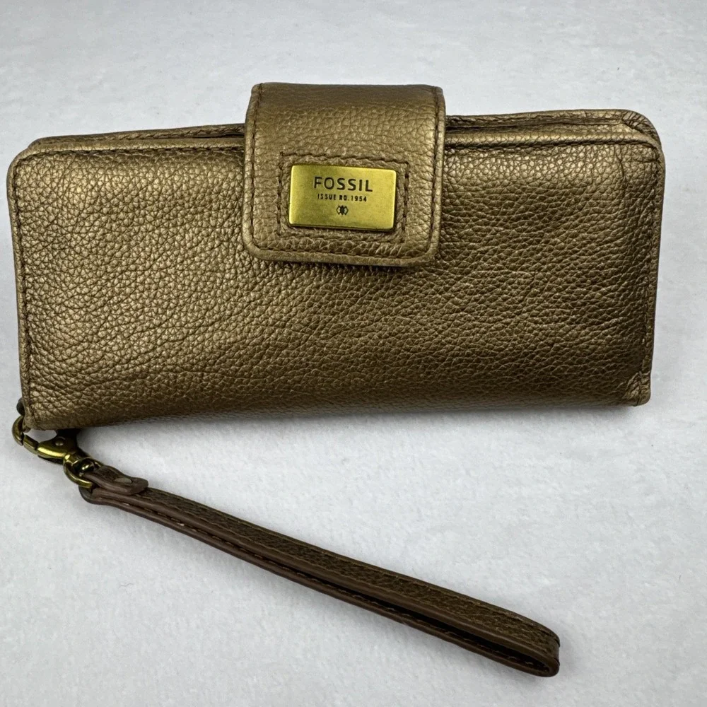 FOSSIL Quinn Slim Wristlet Clutch Bi-Fold Wallet Pebbled Metallic Gold SWL1085